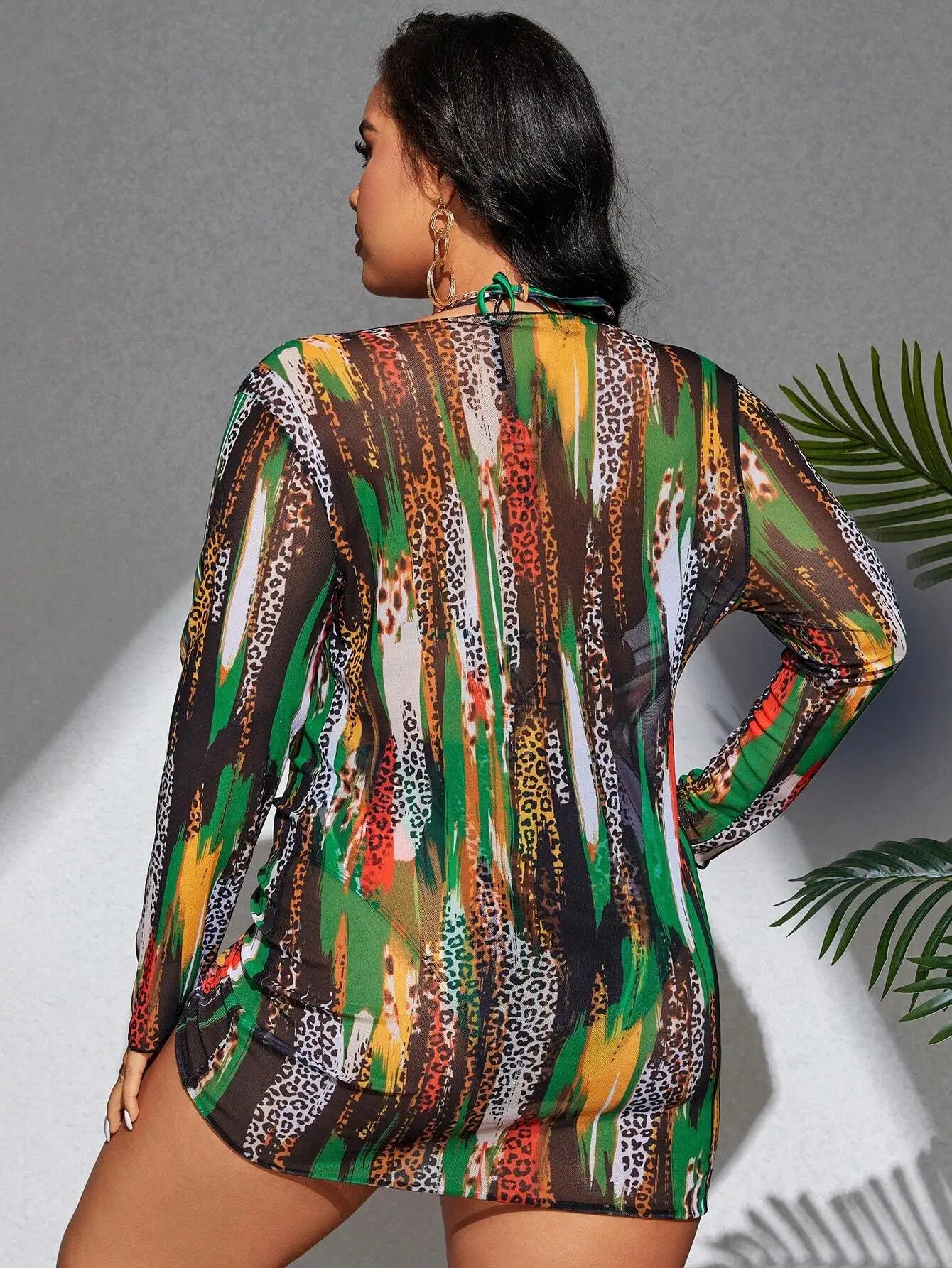 Tankini Plus Size com Estampado Leopardo e Colorblock — Conjunto 3 Peças