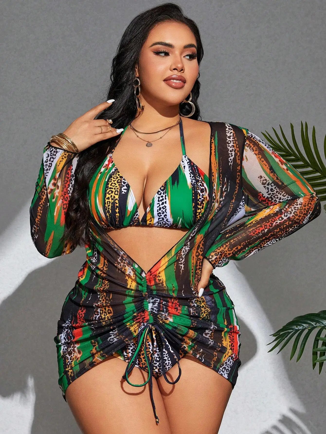 Tankini Plus Size com Estampado Leopardo e Colorblock — Conjunto 3 Peças
