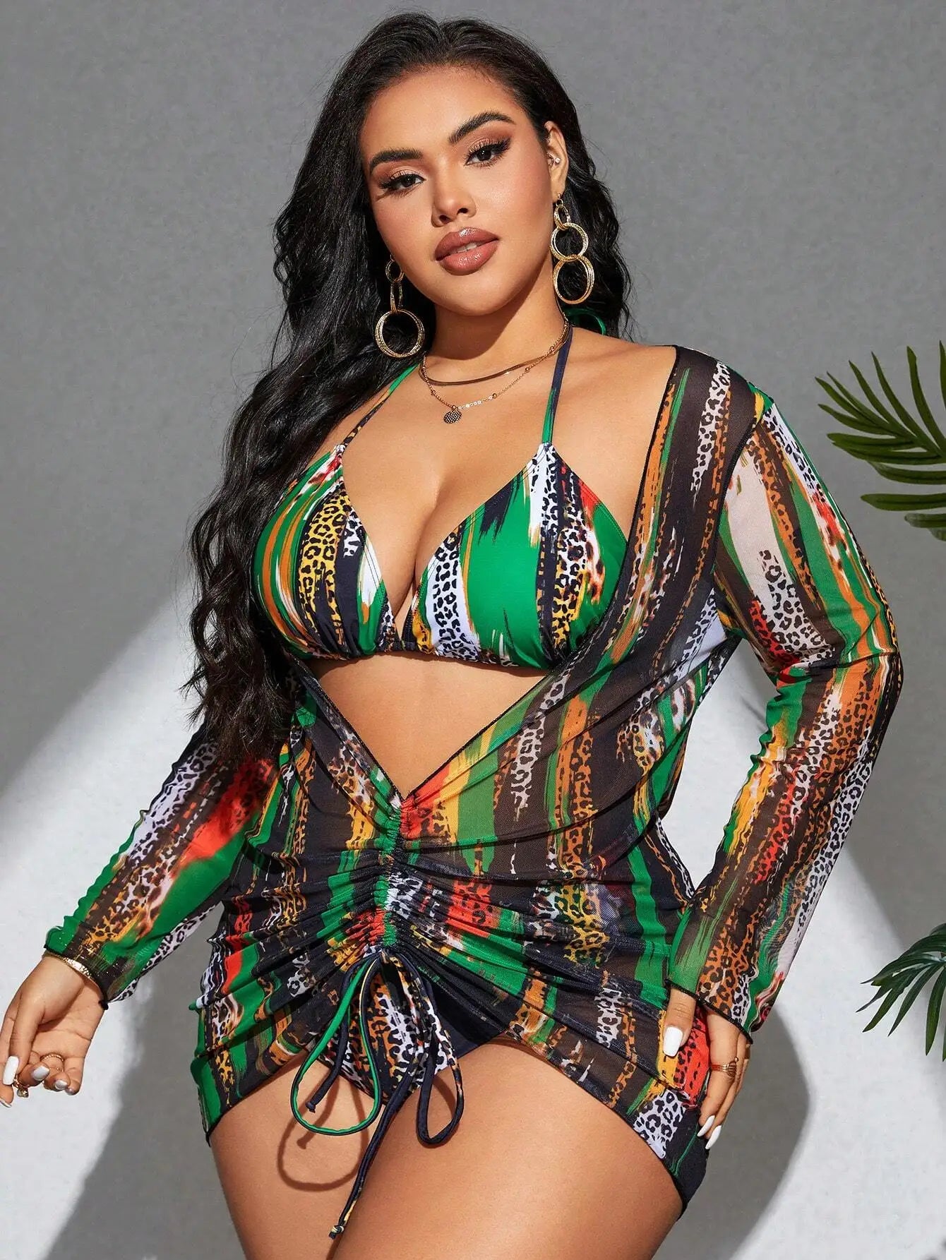 Tankini Plus Size com Estampado Leopardo e Colorblock — Conjunto 3 Peças