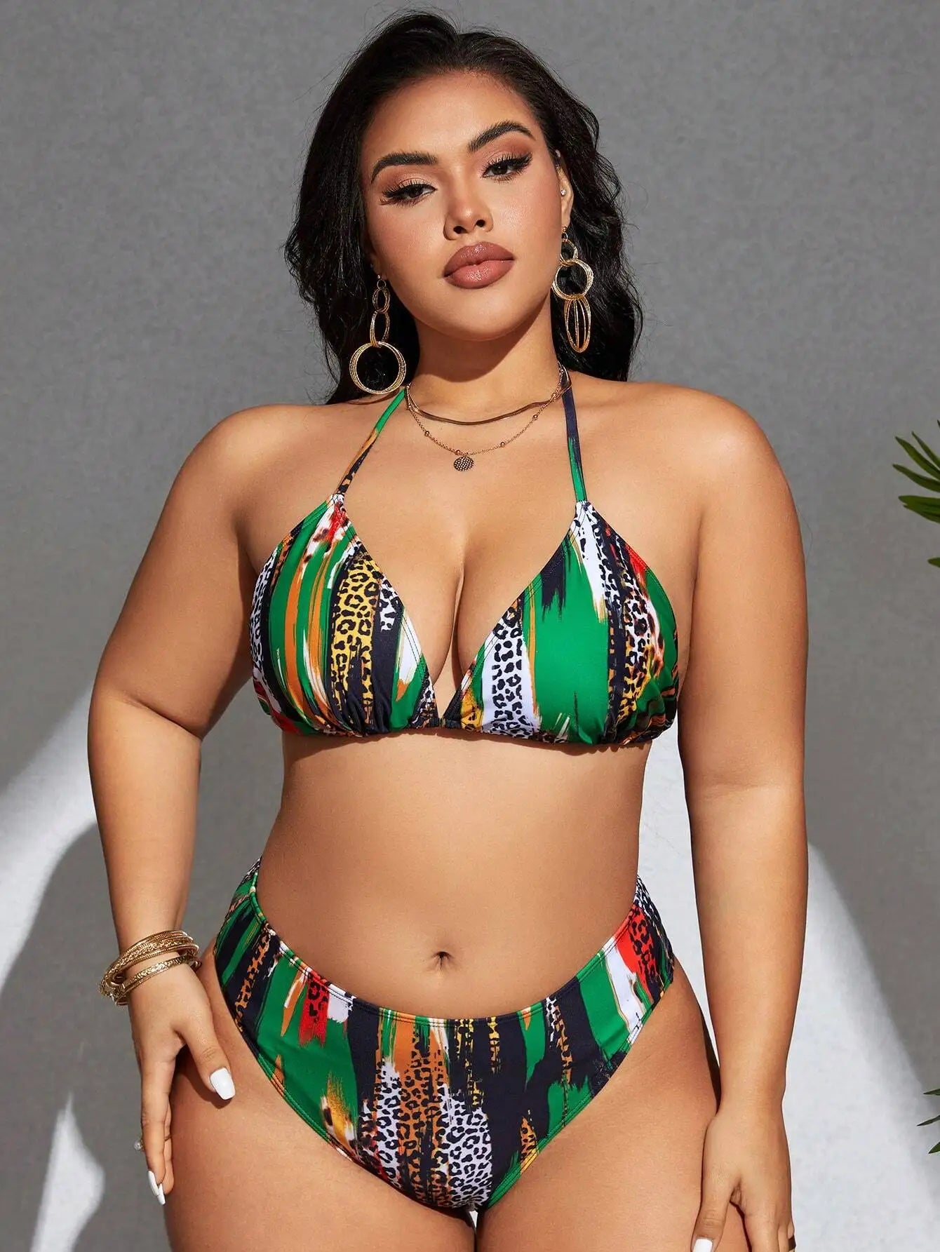 Tankini Plus Size com Estampado Leopardo e Colorblock — Conjunto 3 Peças