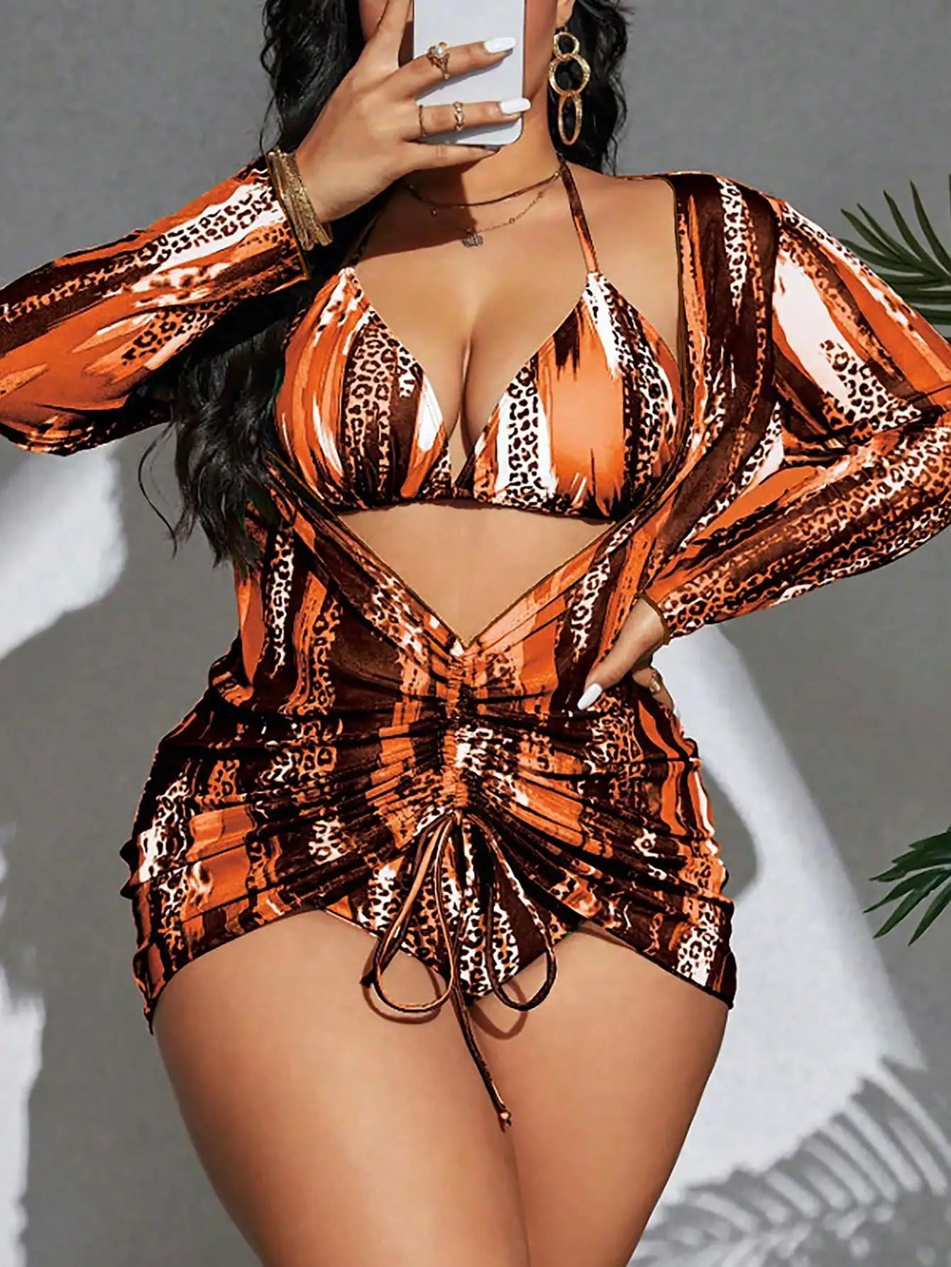 Tankini Plus Size com Estampado Leopardo e Colorblock — Conjunto 3 Peças