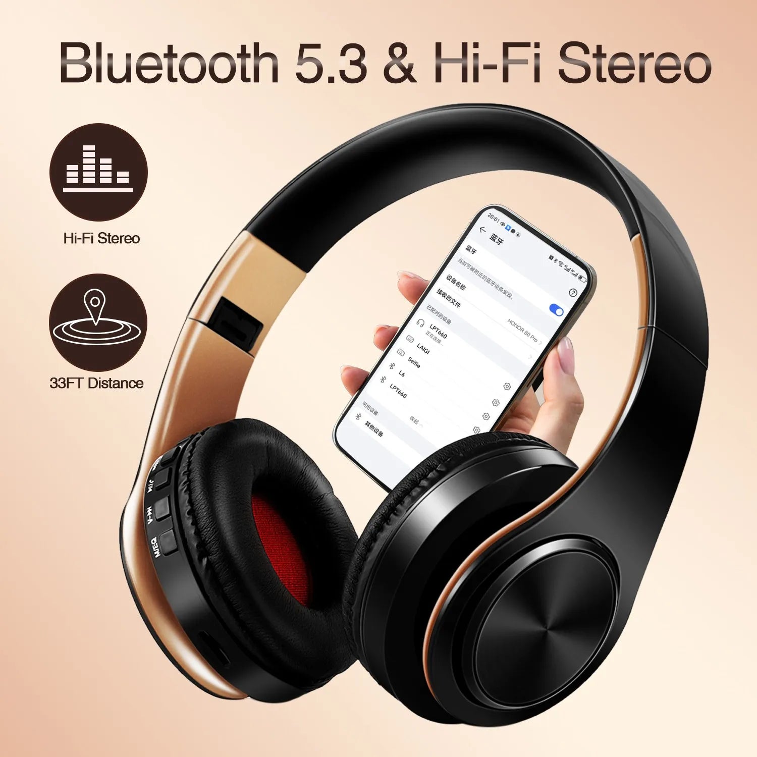 Auscultadores Bluetooth Estéreo Dourados — com Microfone