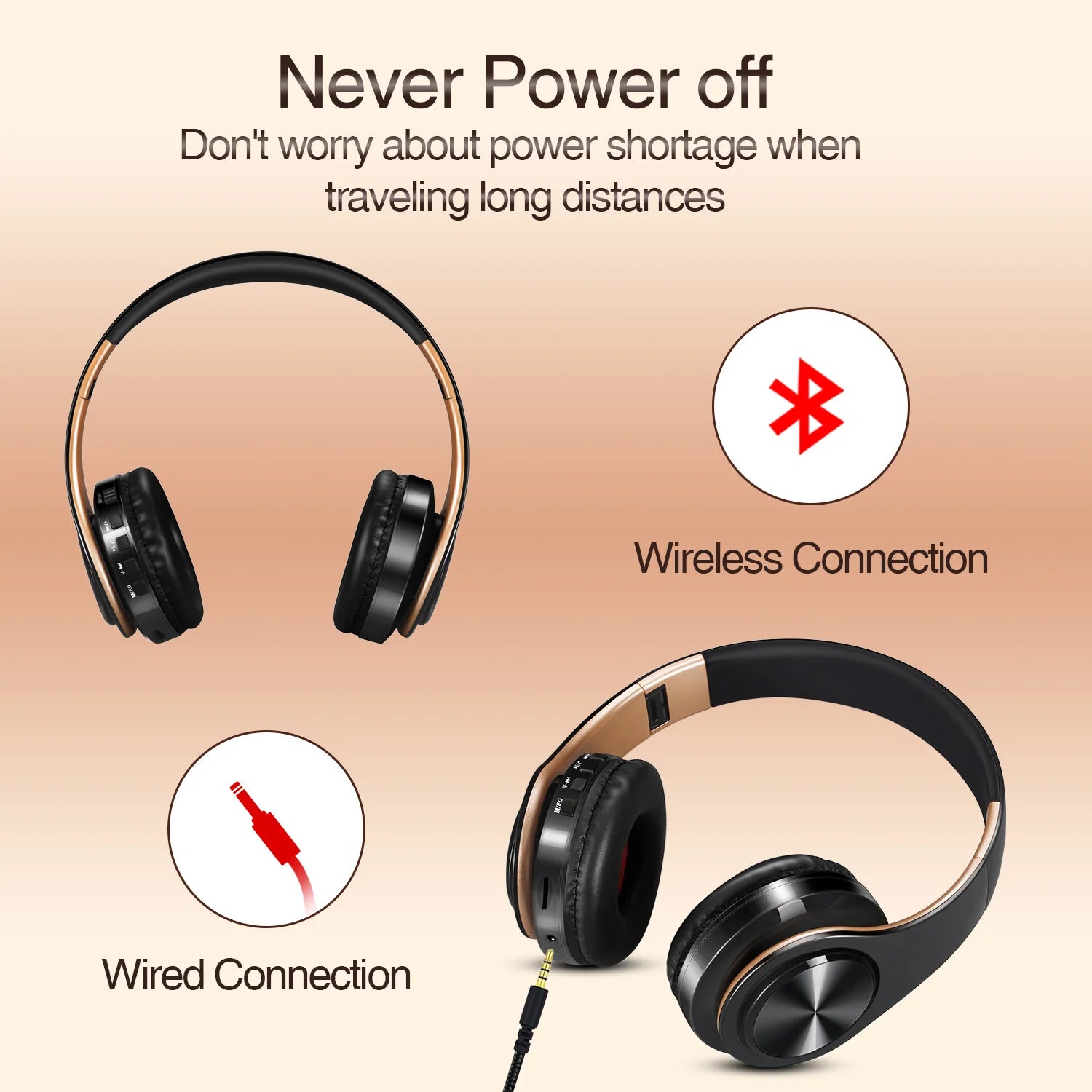 Auscultadores Bluetooth Estéreo Dourados — com Microfone