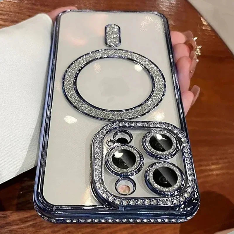 Capa Glitter Diamond Transparente para iPhone com Carregamento Magnético