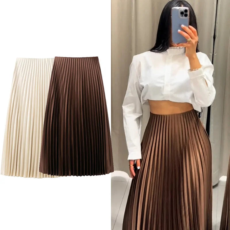 Saia Midi Plissada Elegante — Cintura Média