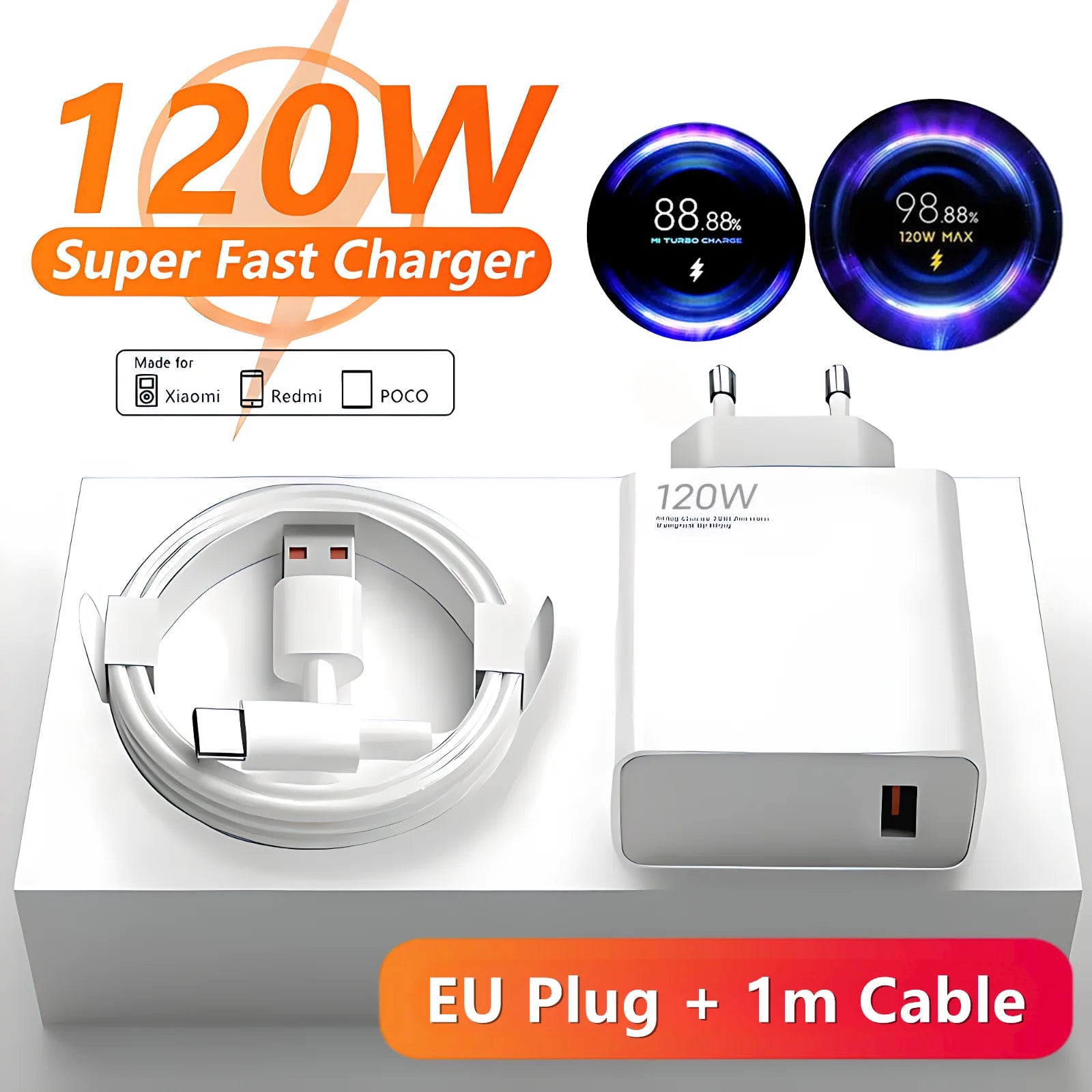 Carregador Turbo 120W 6A — Xiaomi, Redmi e POCO com Cabo Type-C