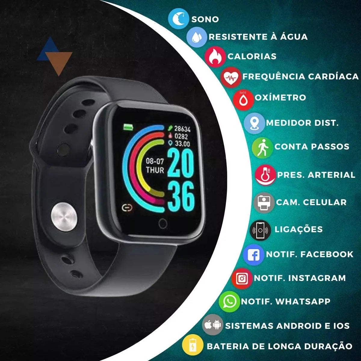 Smartwatch D20 Y68 Pro6 — Fitness, Podómetro e Monitor de Atividade