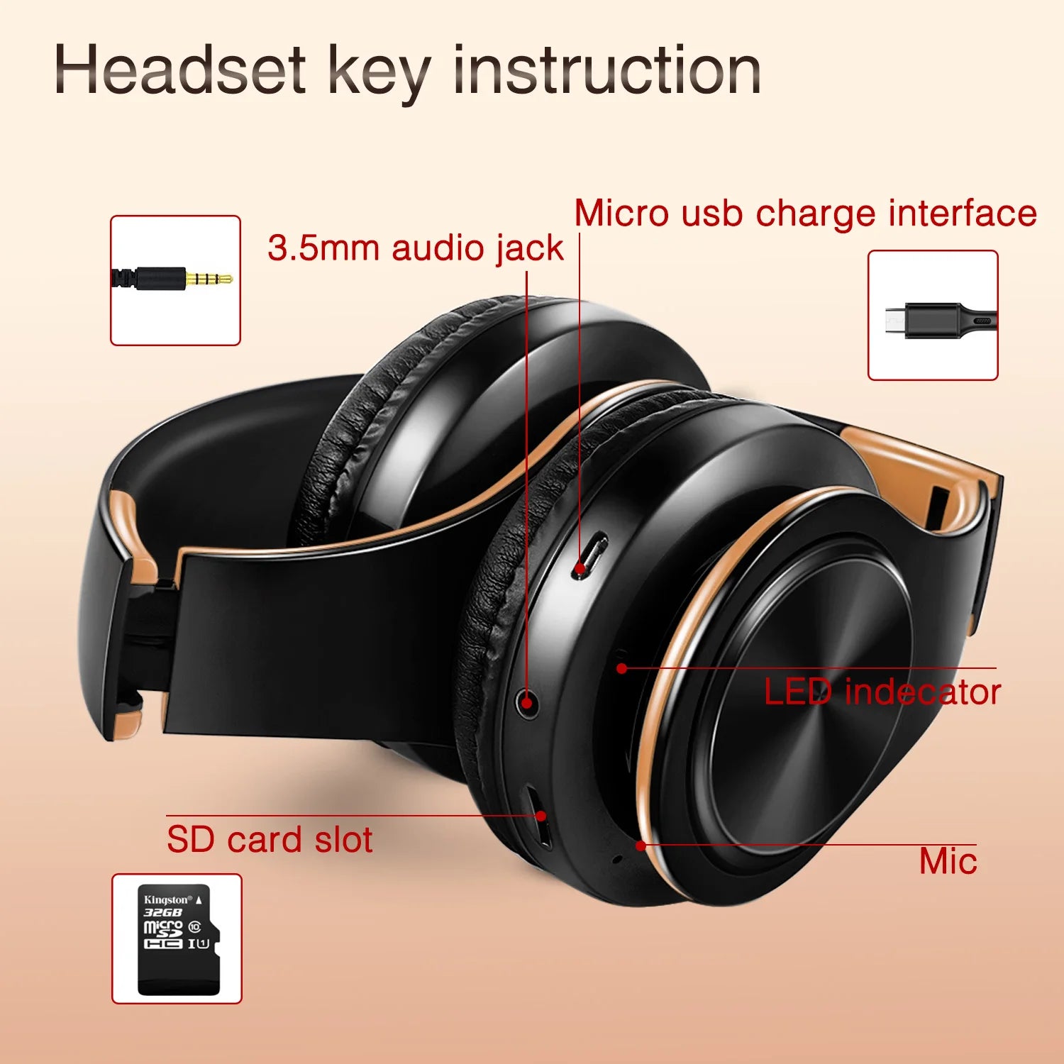 Auscultadores Bluetooth Estéreo Dourados — com Microfone