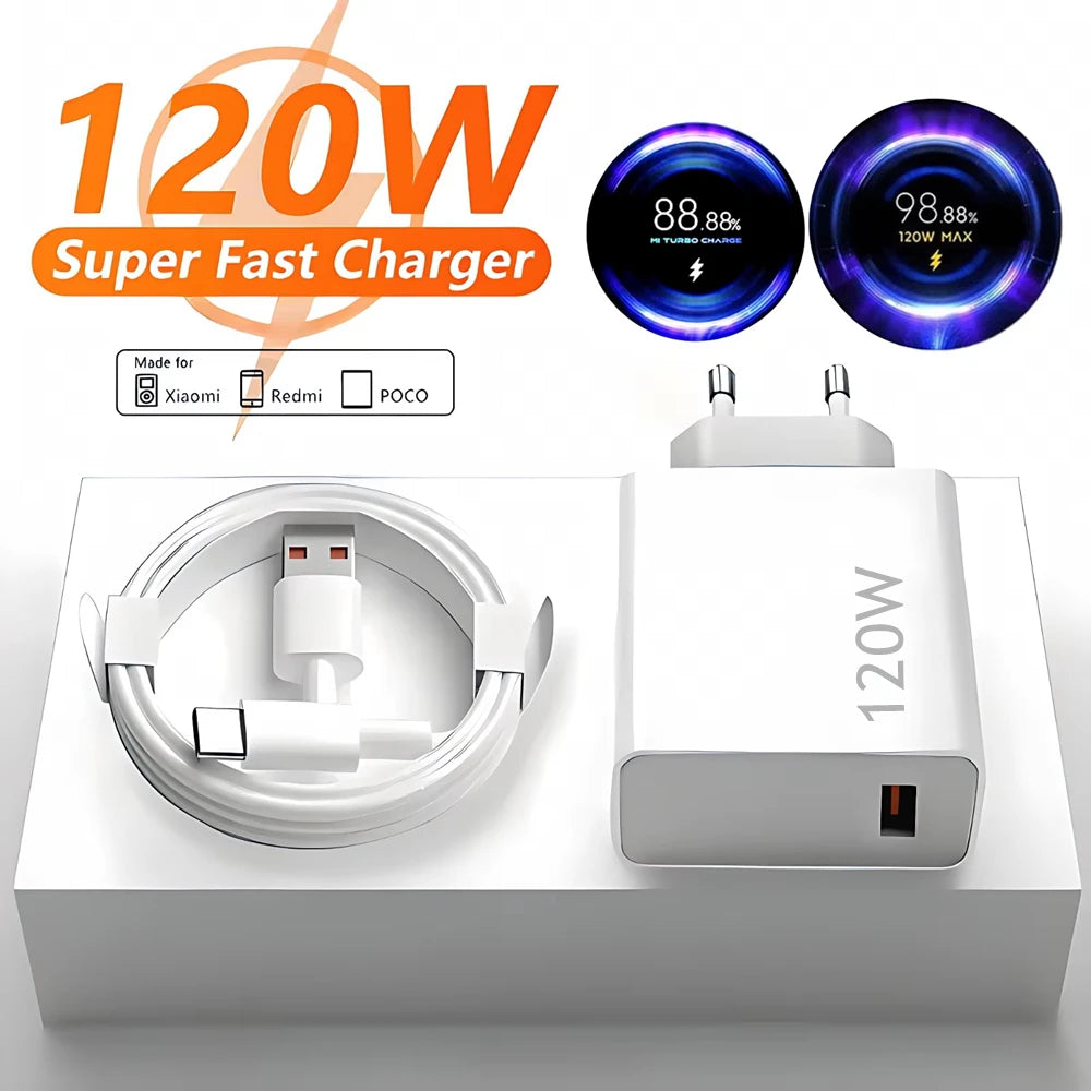 Carregador Turbo 120W 6A — Xiaomi, Redmi e POCO com Cabo Type-C