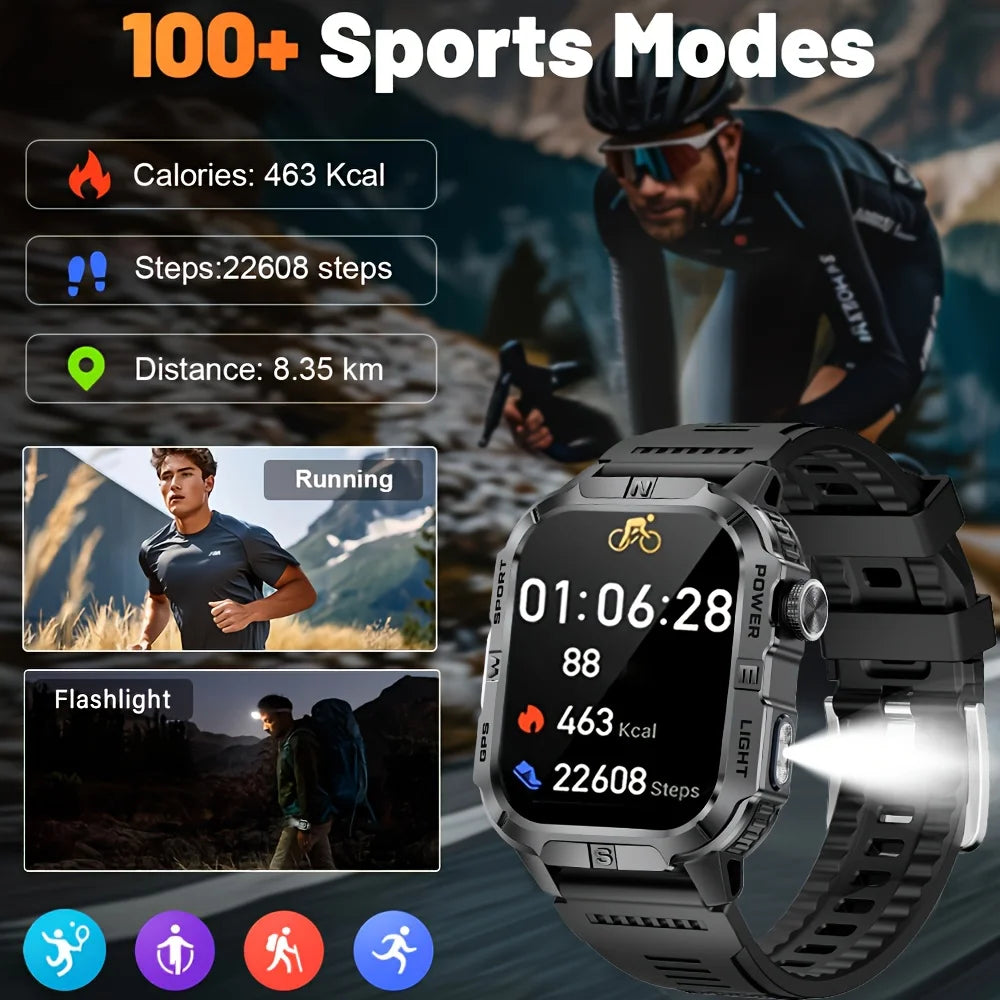 Smartwatch Militar Outdoor 2026 — GPS, LED, Bússola, Bluetooth e IP68 Impermeável