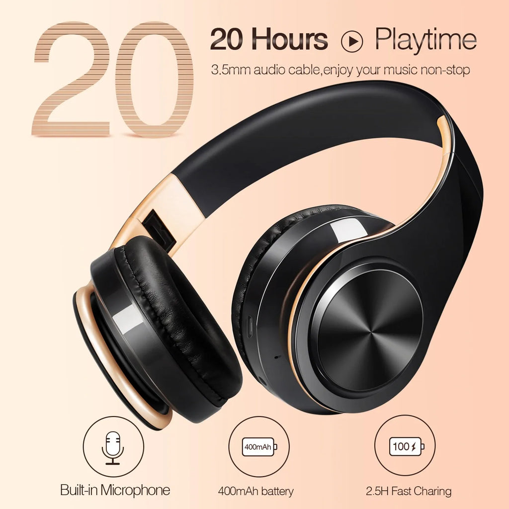 Auscultadores Bluetooth Estéreo Dourados — com Microfone
