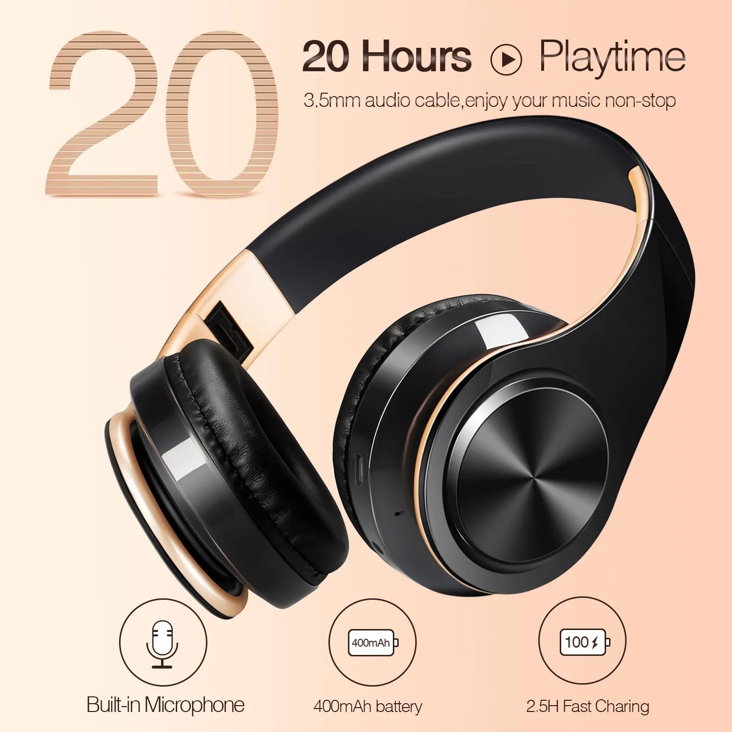 Auscultadores Bluetooth Estéreo Dourados — com Microfone