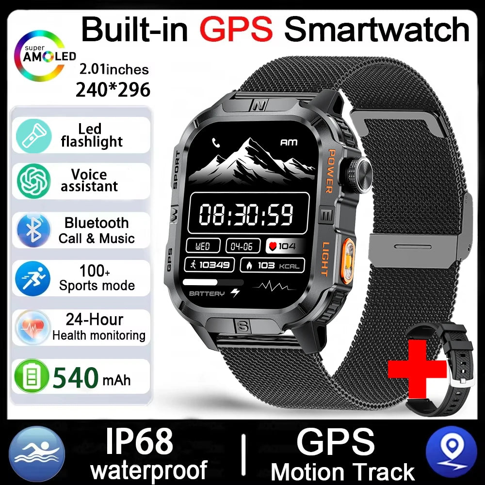 Smartwatch Militar Outdoor 2026 — GPS, LED, Bússola, Bluetooth e IP68 Impermeável