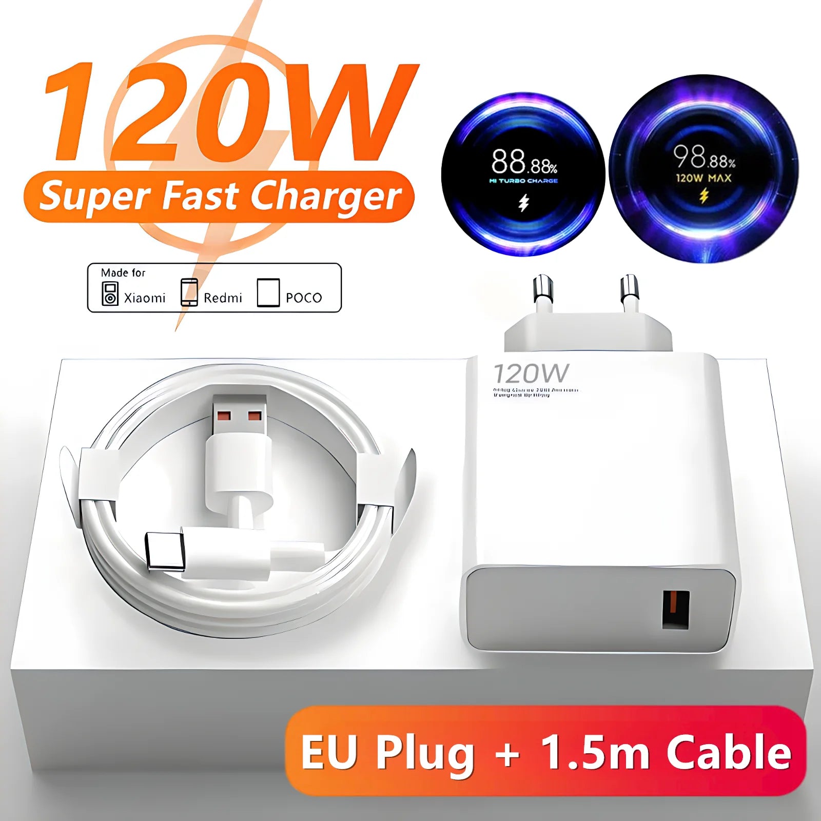 Carregador Turbo 120W 6A — Xiaomi, Redmi e POCO com Cabo Type-C