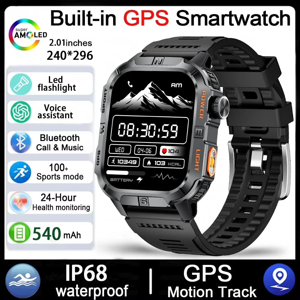 Smartwatch Militar Outdoor 2026 — GPS, LED, Bússola, Bluetooth e IP68 Impermeável