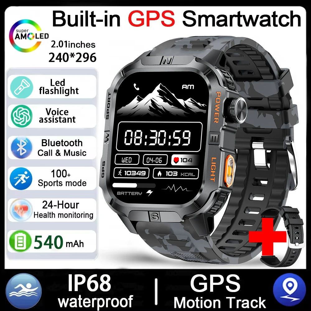 Smartwatch Militar Outdoor 2026 — GPS, LED, Bússola, Bluetooth e IP68 Impermeável