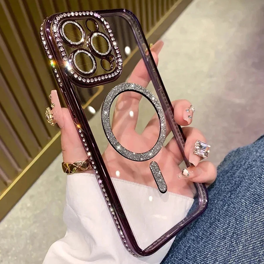 Capa Glitter Diamond Transparente para iPhone com Carregamento Magnético