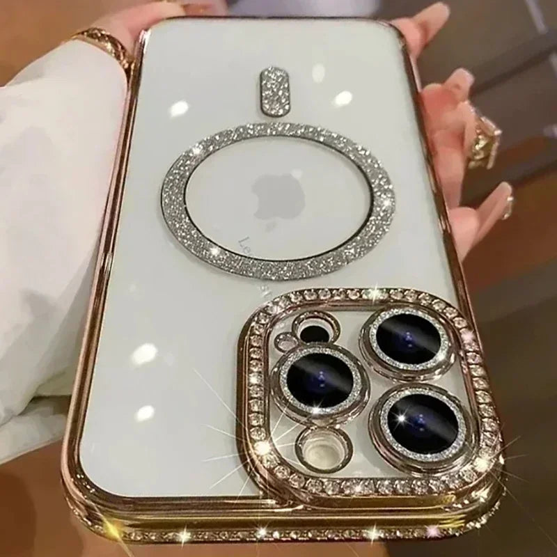 Capa Glitter Diamond Transparente para iPhone com Carregamento Magnético
