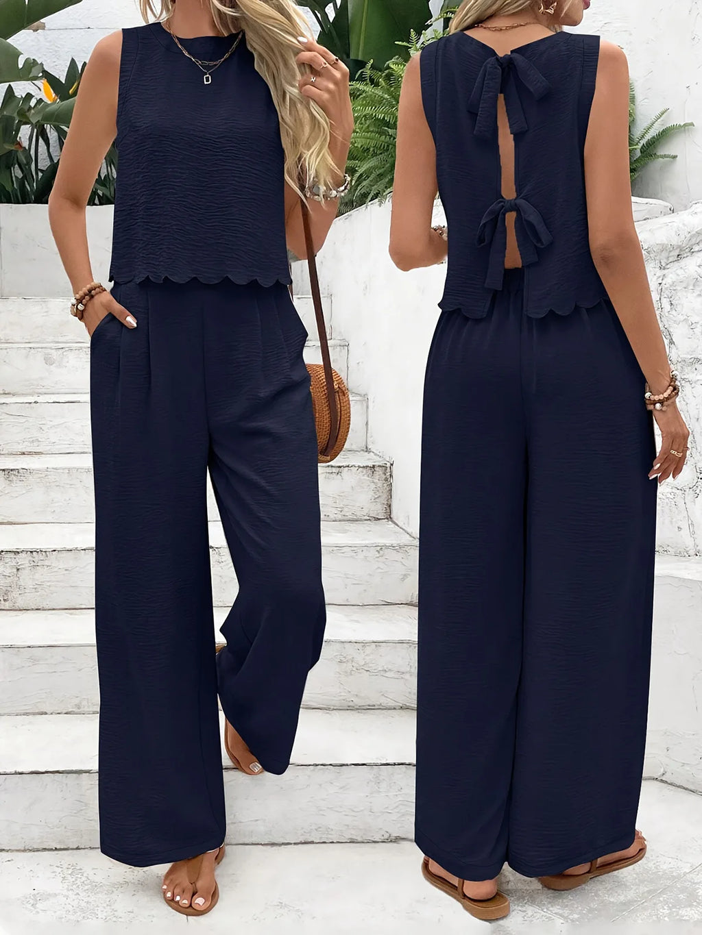 Conjunto Linho Dois Peças — Top Sem Mangas e Calças Wide Leg