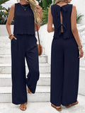 Conjunto Linho Dois Peças — Top Sem Mangas e Calças Wide Leg