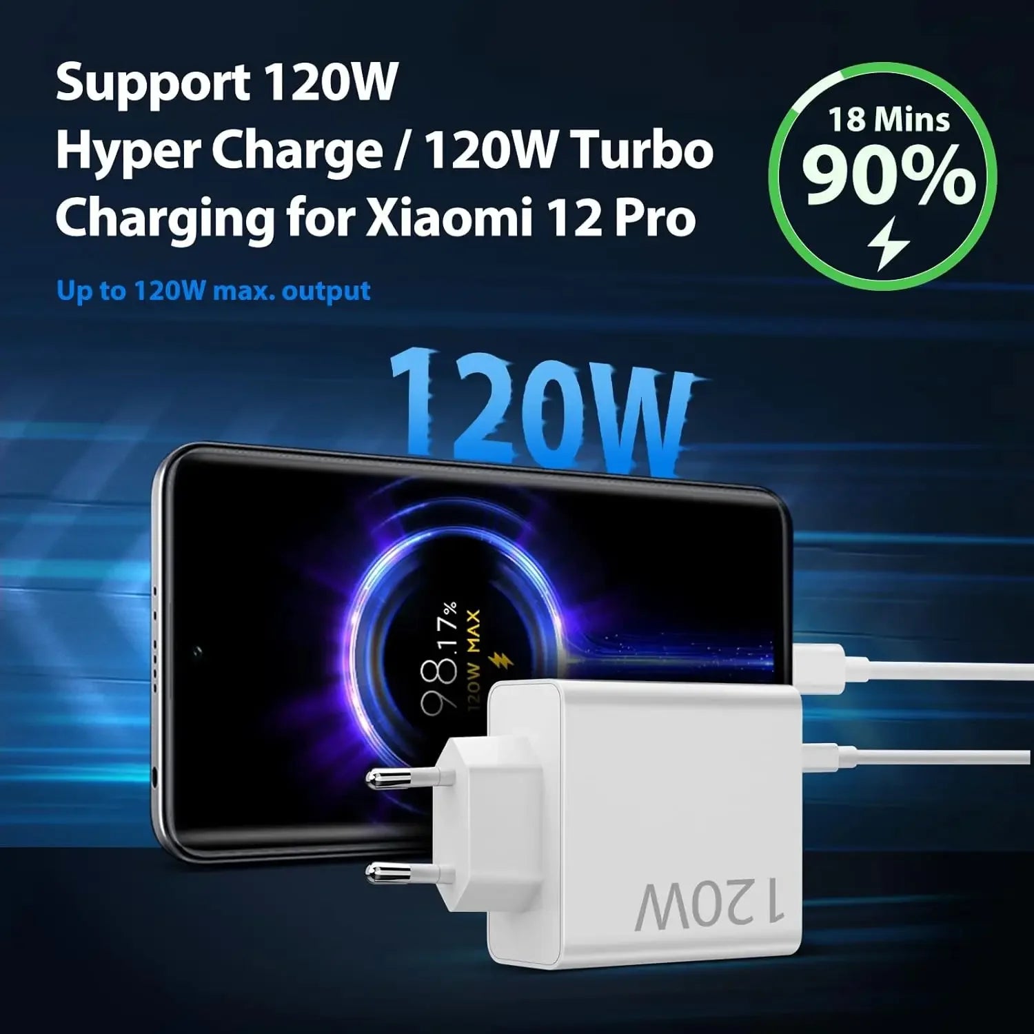 Carregador Turbo 120W 6A — Xiaomi, Redmi e POCO com Cabo Type-C