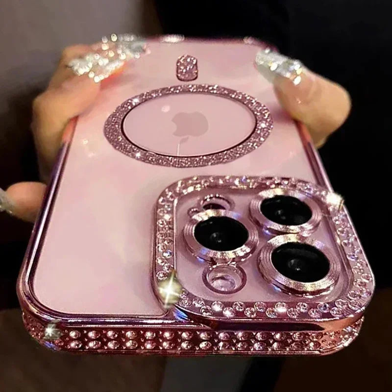 Capa Glitter Diamond Transparente para iPhone com Carregamento Magnético