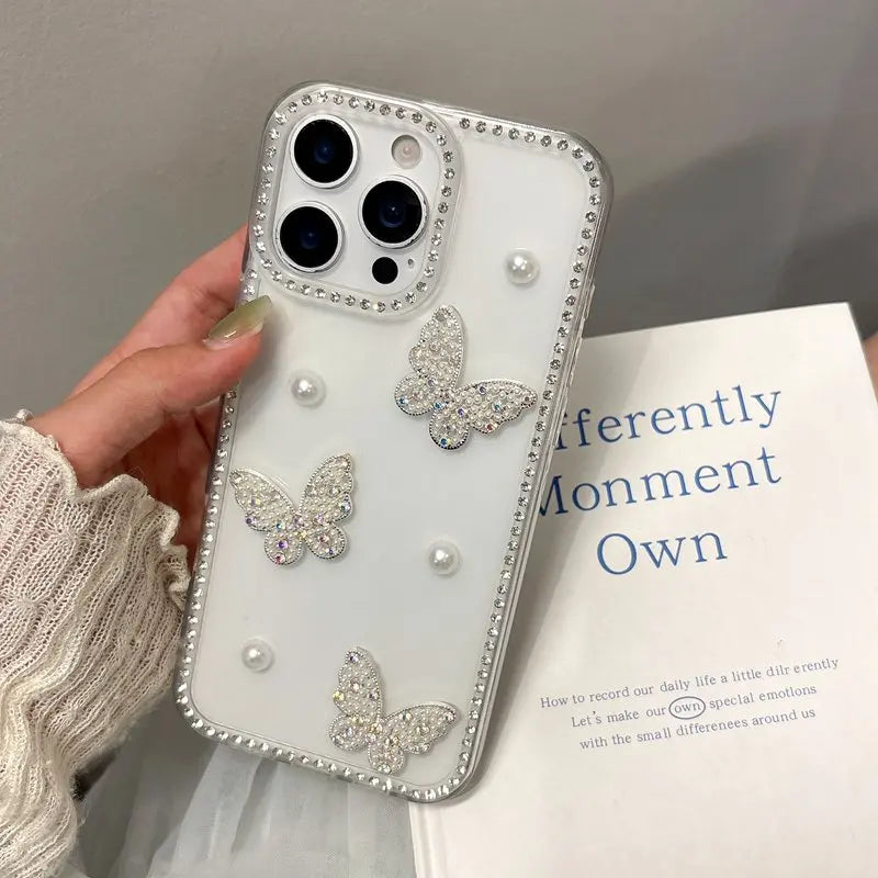 Capa Pearl Butterfly Diamond para OPPO A80 5G e Outros Modelos — Transparente, Brilhante e Anti-Choque