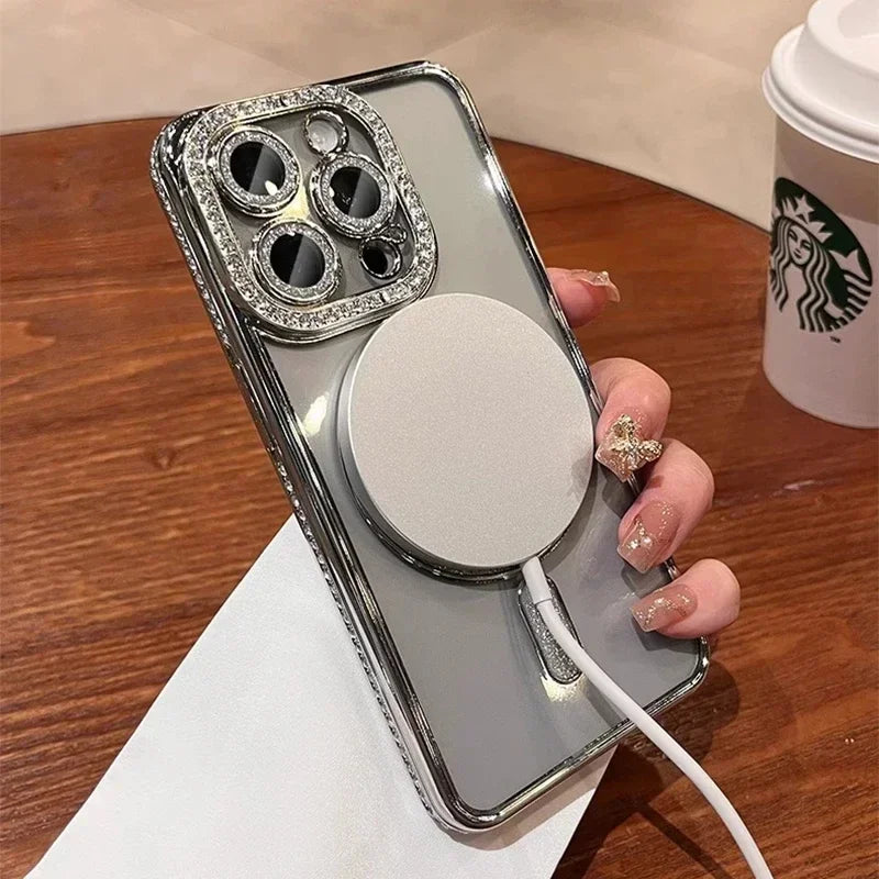 Capa Glitter Diamond Transparente para iPhone com Carregamento Magnético