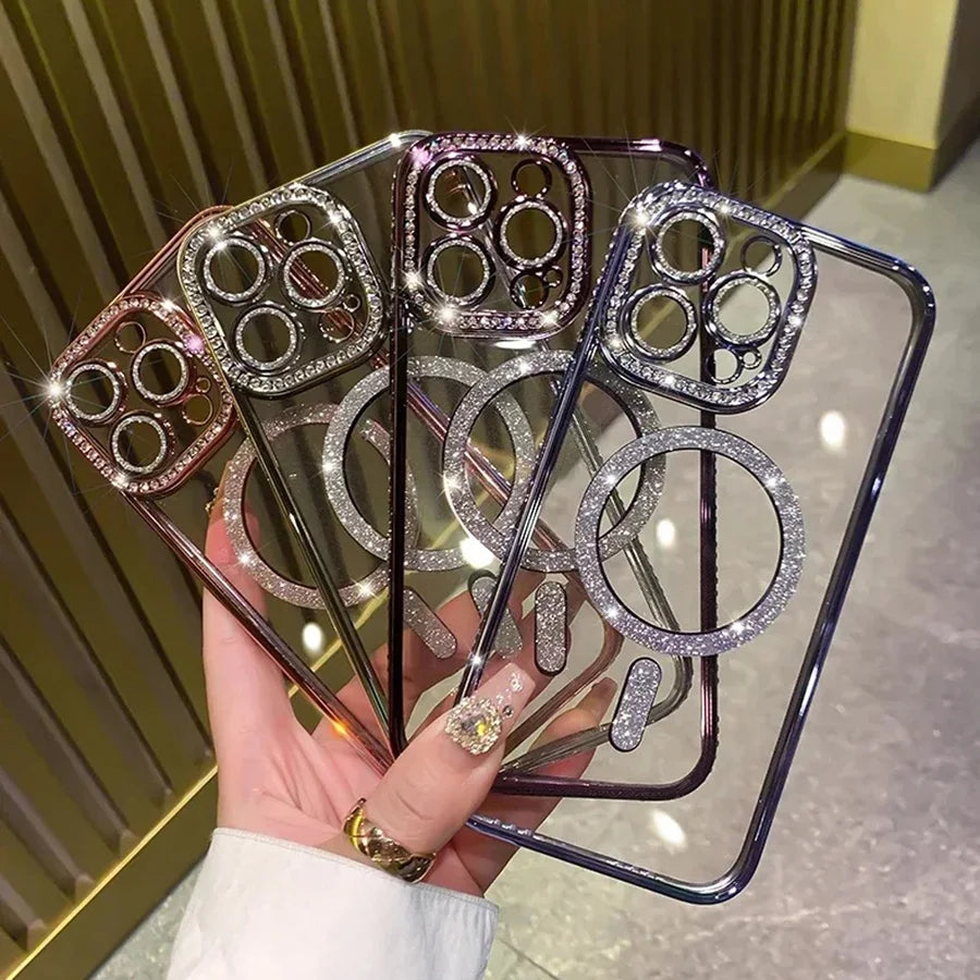 Capa Glitter Diamond Transparente para iPhone com Carregamento Magnético