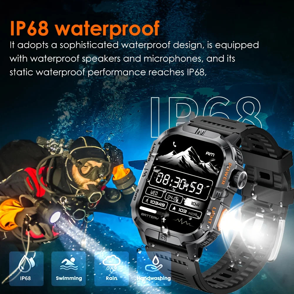 Smartwatch Militar Outdoor 2026 — GPS, LED, Bússola, Bluetooth e IP68 Impermeável
