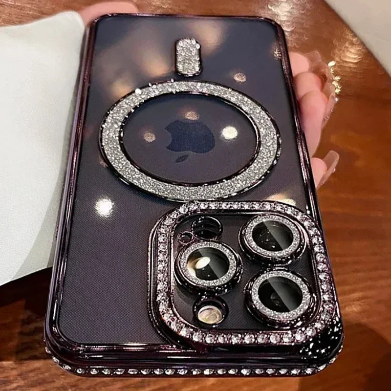 Capa Glitter Diamond Transparente para iPhone com Carregamento Magnético
