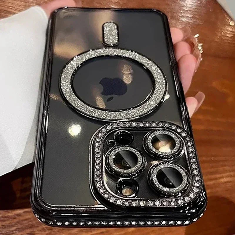 Capa Glitter Diamond Transparente para iPhone com Carregamento Magnético