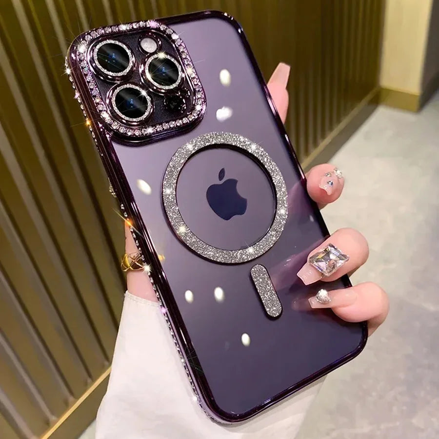 Capa Glitter Diamond Transparente para iPhone com Carregamento Magnético