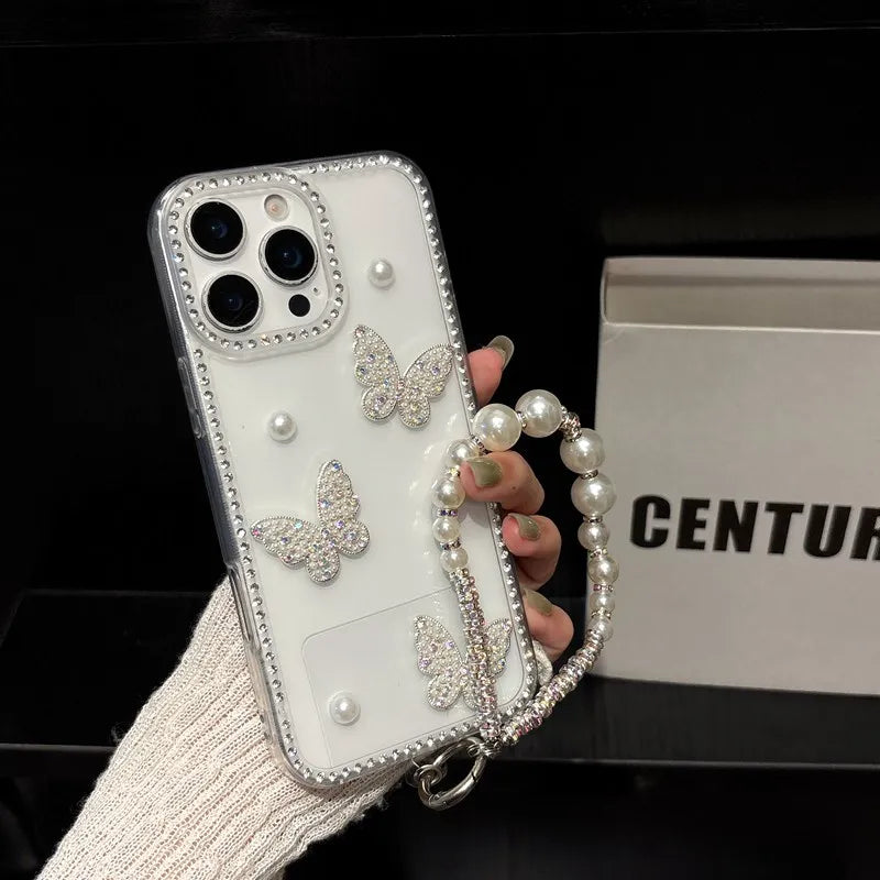 Capa Pearl Butterfly Diamond para OPPO A80 5G e Outros Modelos — Transparente, Brilhante e Anti-Choque