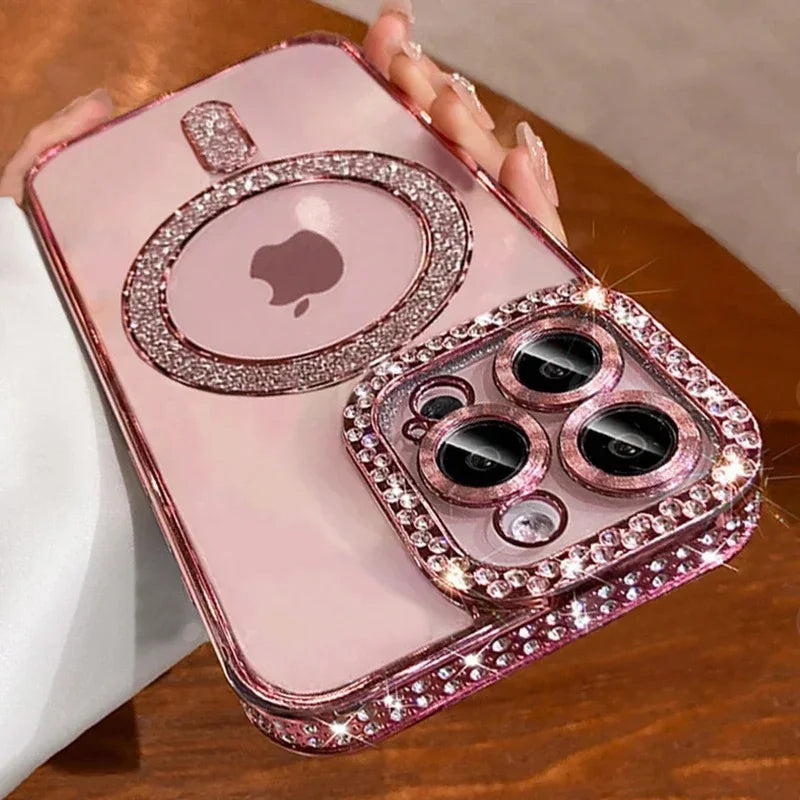 Capa Glitter Diamond Transparente para iPhone com Carregamento Magnético