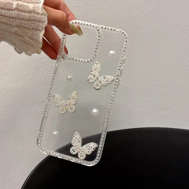 Capa Pearl Butterfly Diamond para OPPO A80 5G e Outros Modelos — Transparente, Brilhante e Anti-Choque