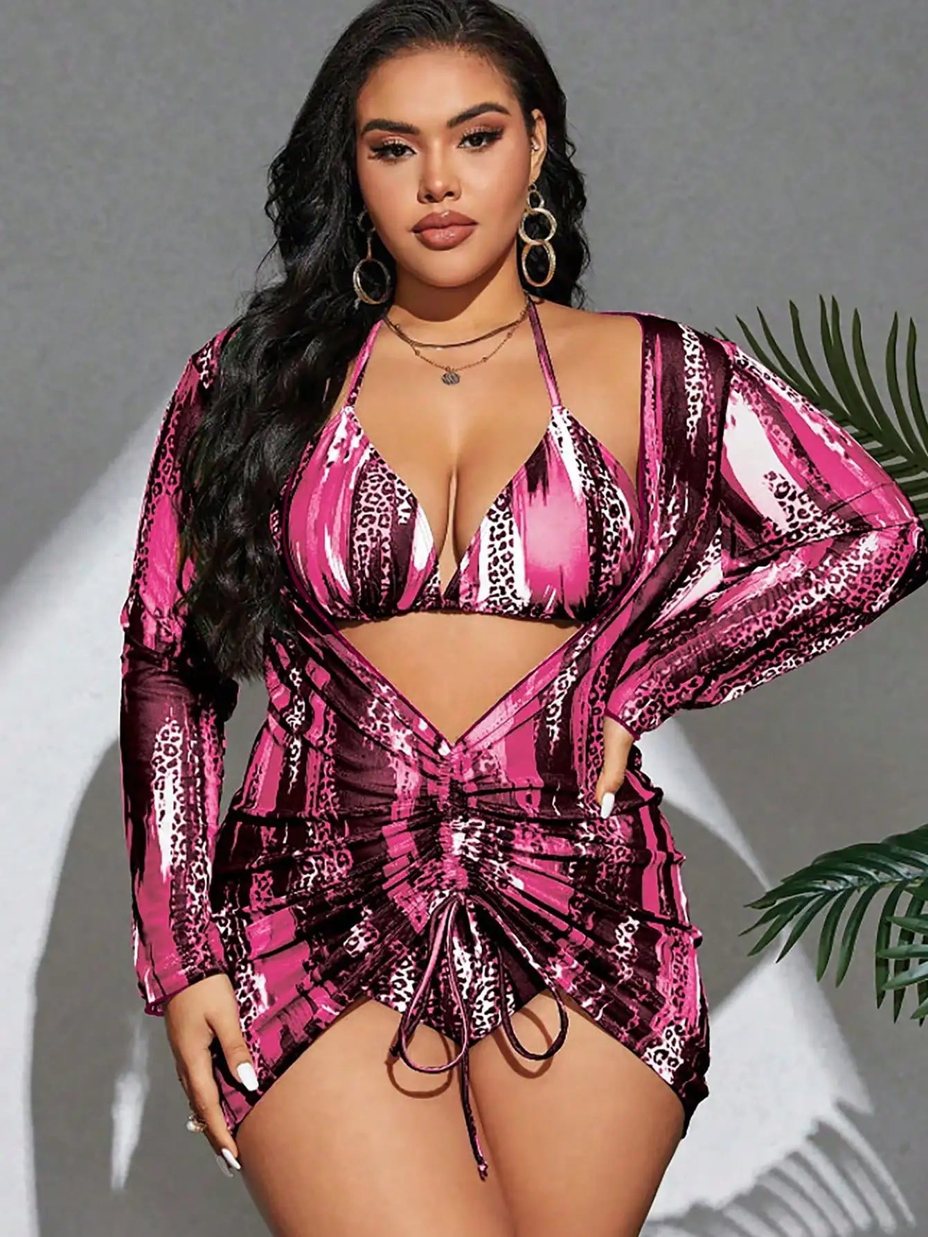 Tankini Plus Size com Estampado Leopardo e Colorblock — Conjunto 3 Peças
