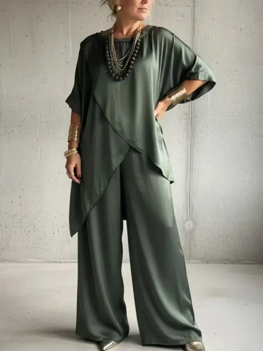 Conjunto Satin Duas Peças — Top + Calças Perna Larga