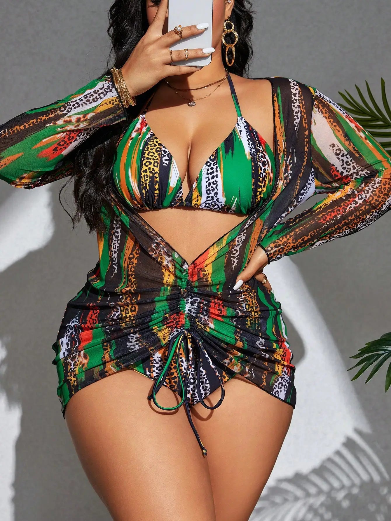 Tankini Plus Size com Estampado Leopardo e Colorblock — Conjunto 3 Peças